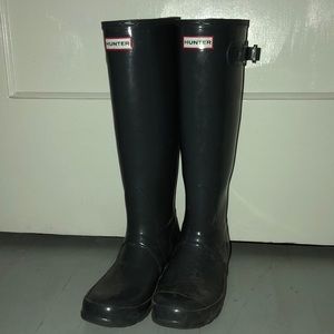 Tall charcoal grey glossy hunter rain boots